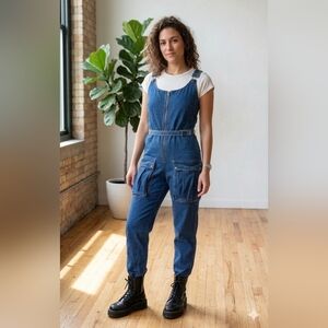 Rare Vintage 80s Fancy Ass Beret Dark Blue Denim Cargo Jumpsuit With Belt, Small